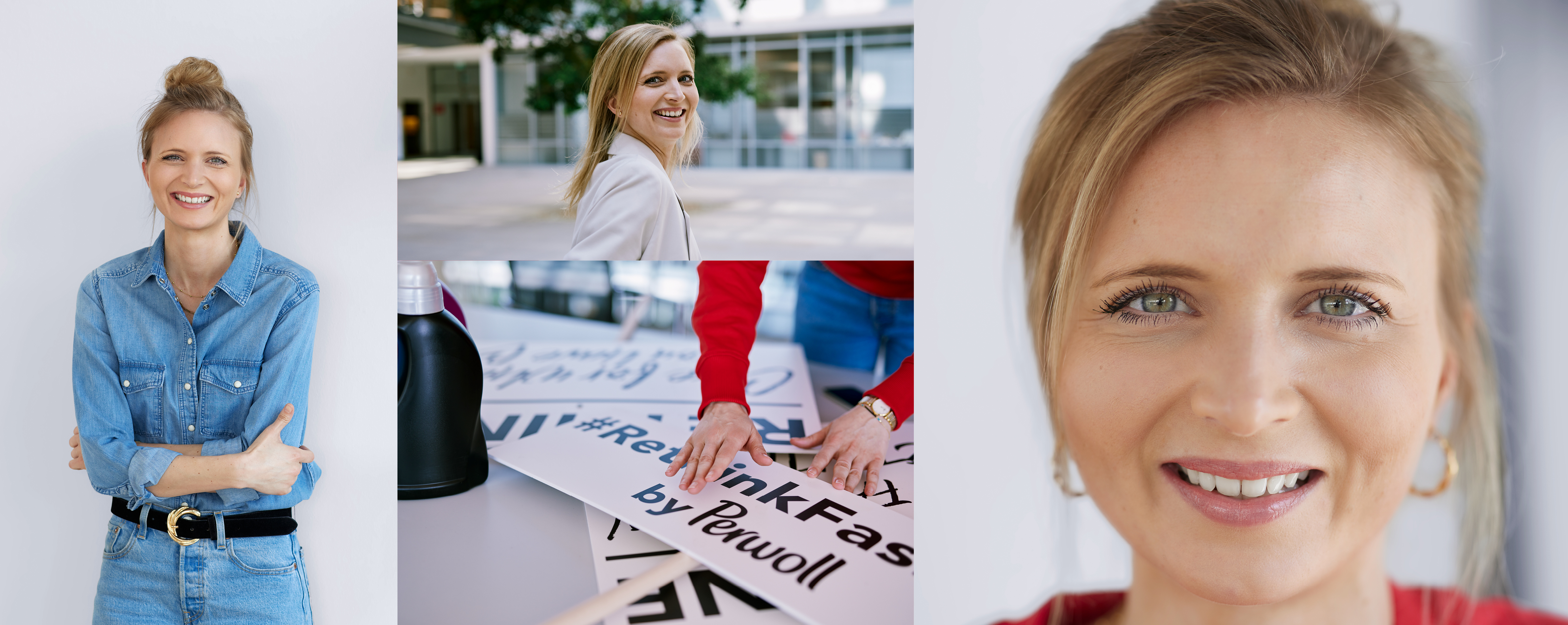 Zaposlenica Henkela ispred svog radnog mesta. Ona pozira pred kamerom, sortira znakove iz Persilove kampanje #Rethink Fashion i smije se. 