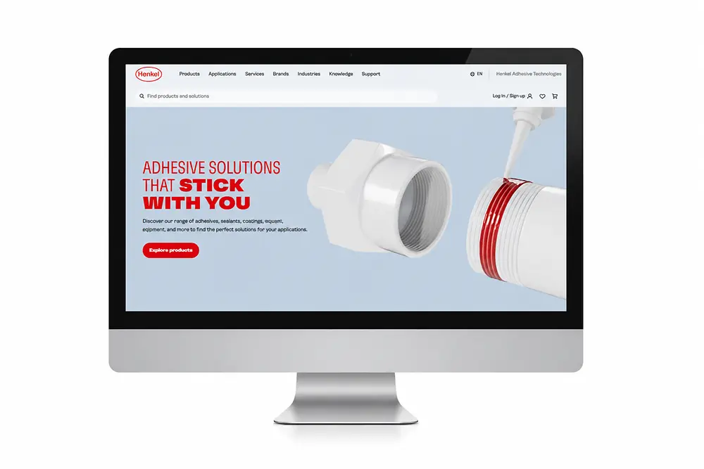 Prikaz monitora sa prikazanom internet stranicom Henkel Adhesive Technologies.