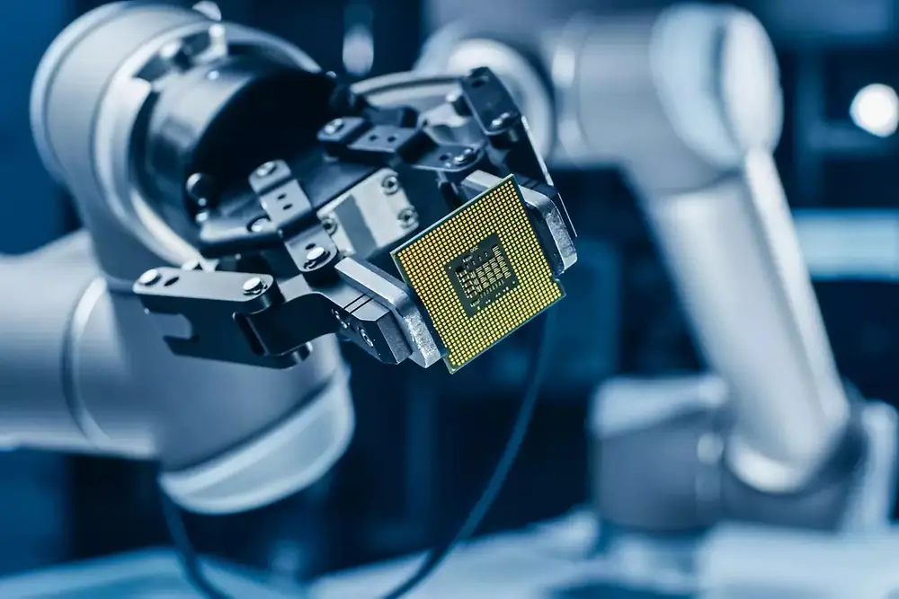 Robotska ruka upravlja automatizovanom mašinom u okruženju proizvodnje poluprovodnika.