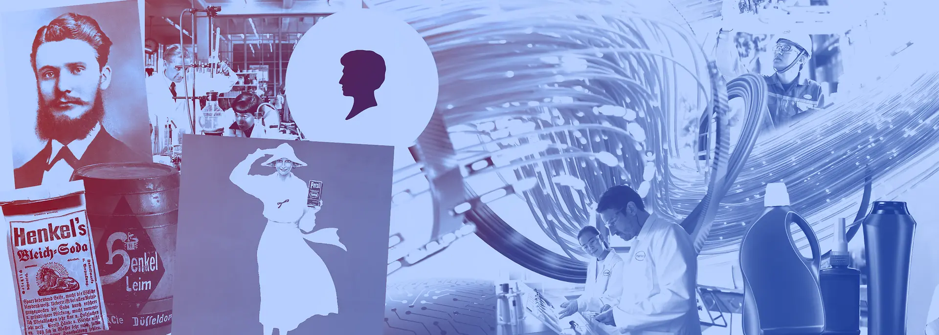  Kolaž starih Henkel proizvoda, boca deterdženata, laboratorijskih radnika i istorijskih reklama u plavim tonovima.