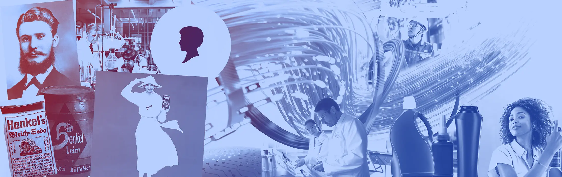 Kolaž starinskih proizvoda kompanije Henkel, boca za deterdžente, laboratorijskih radnika i istorijskih reklama u plavim tonovima.