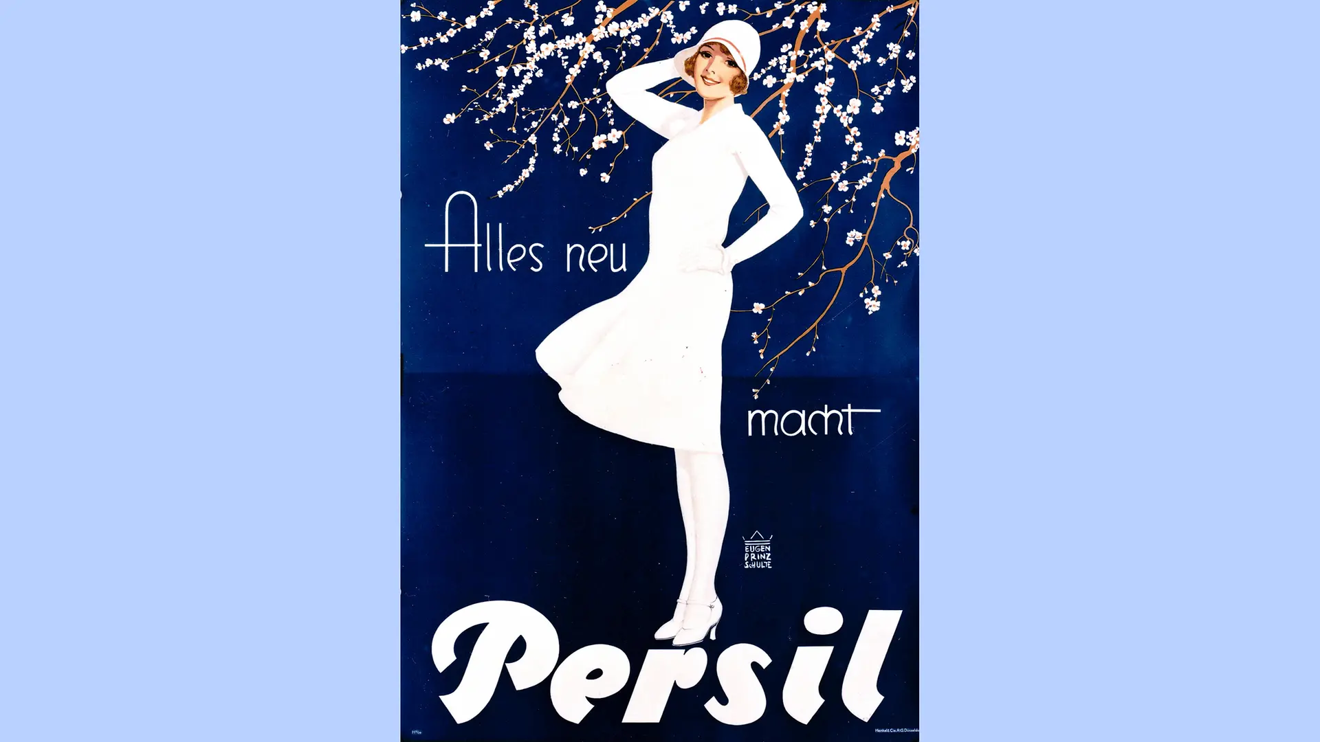 Dama u belom na tamnoplavoj pozadini sa cvetovima trešnje i sloganom „Alles neu macht Persil“ (Persil čini sve novim).
