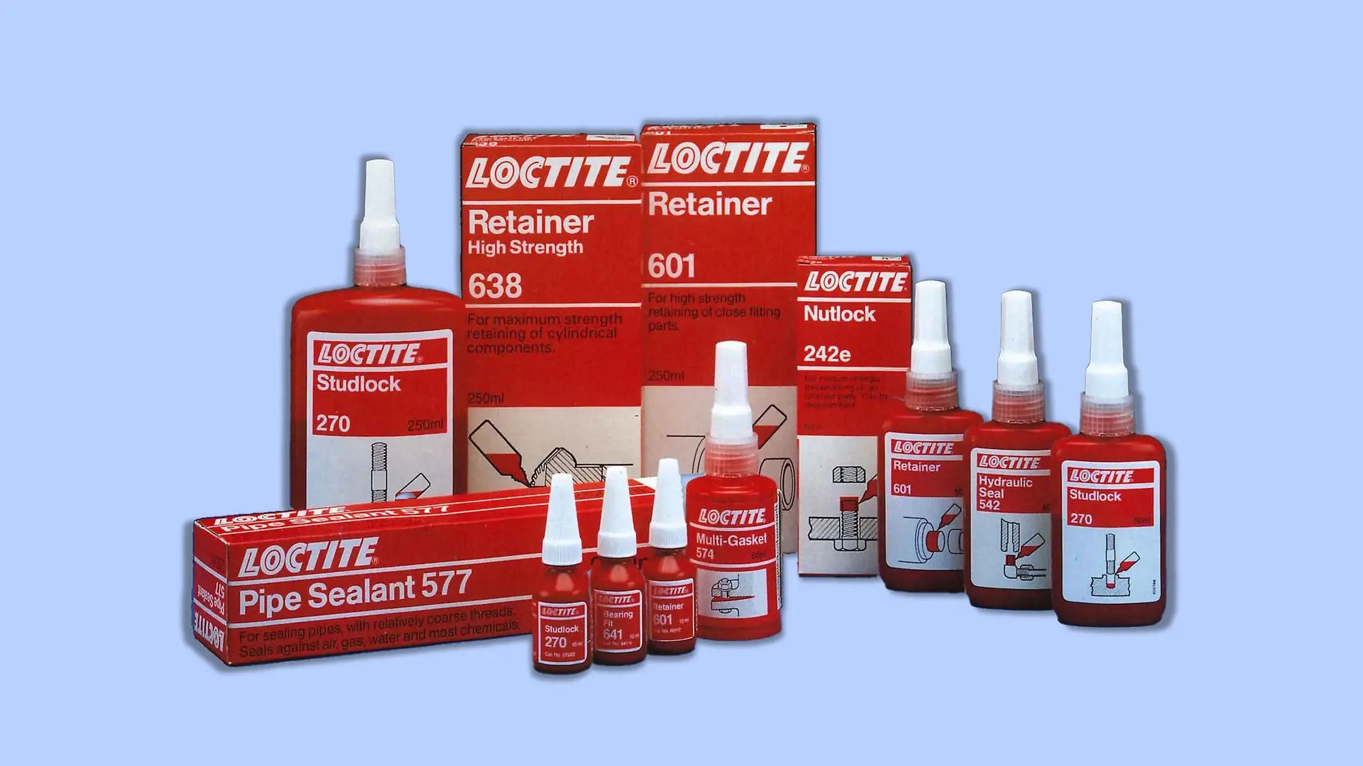 Asortiman Loctite-a iz 1990-ih: razni proizvodi za industrijsku primenu.