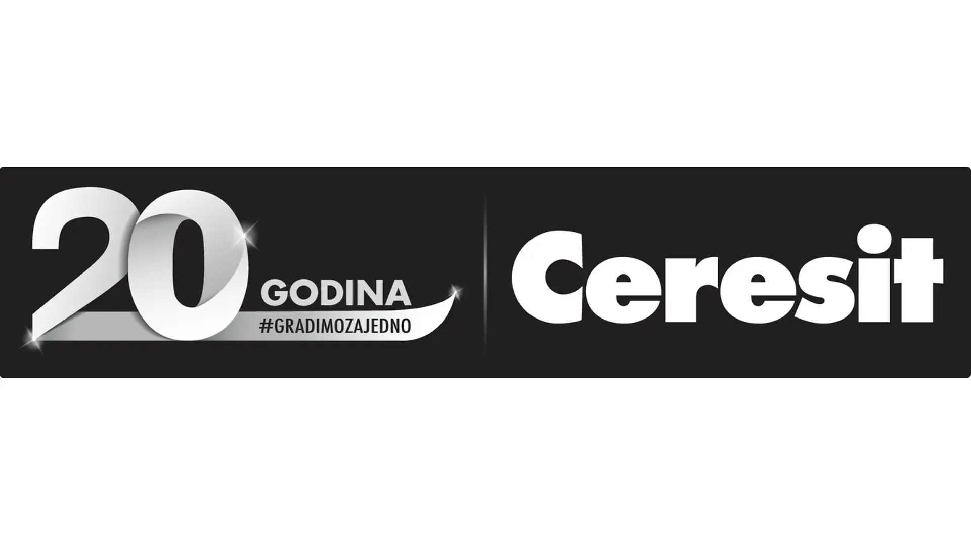 Na fotografiji je crni vizual sa belim i srebrnim tekstom „20 godina“ i logotipom Ceresit, uz hashtag „#GRADIMOZAJEDNO“.